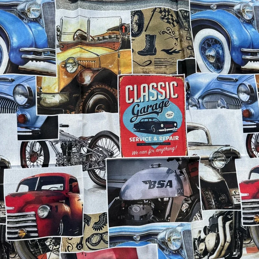 Classic Garage Cars Motorcycles Upholstery Fabric Made in Spain 53x96